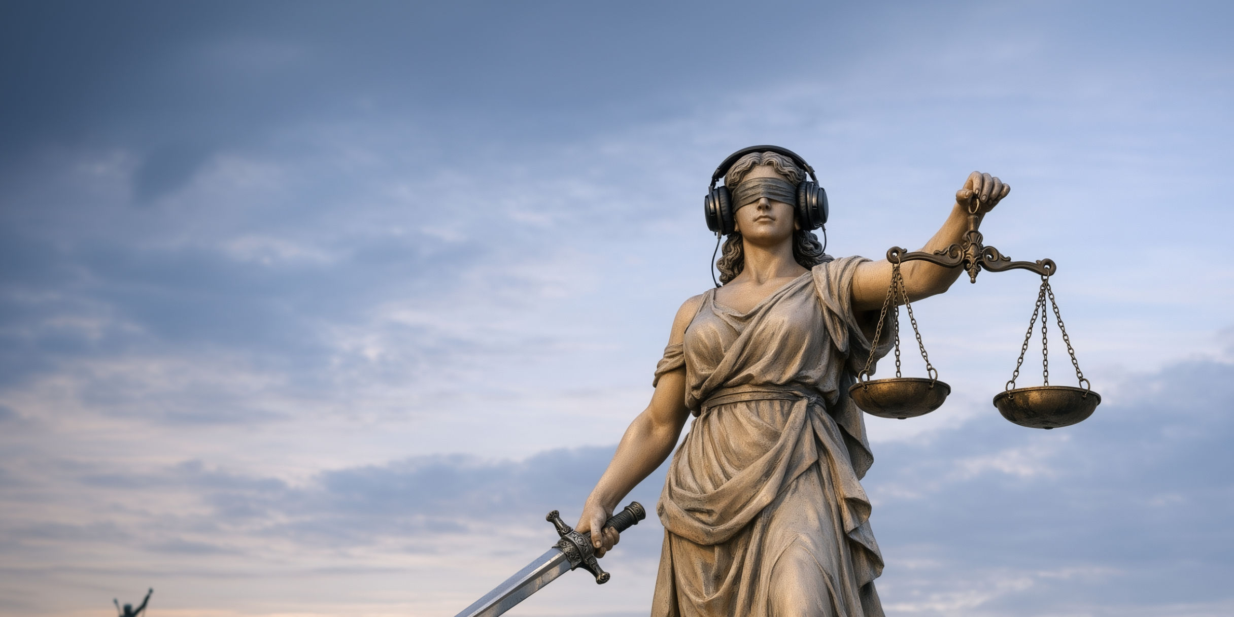 Lady Justice statue wearing headphones and blindfold