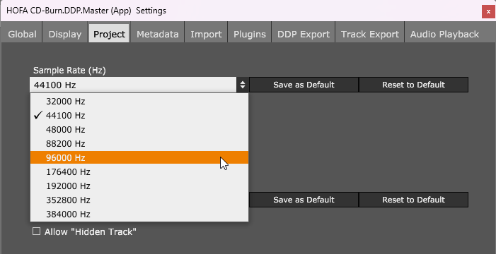 Setting the sample rate in the project settings