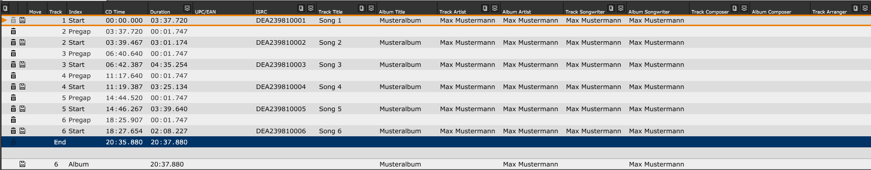 Entering metadata in the track list