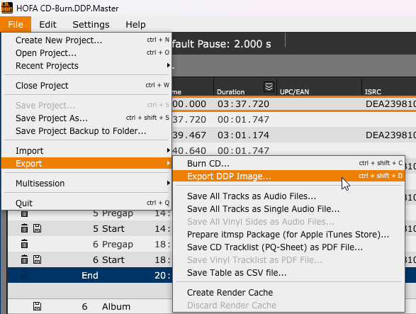 DDP export via the file menu