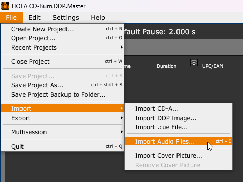 Import via the file menu
