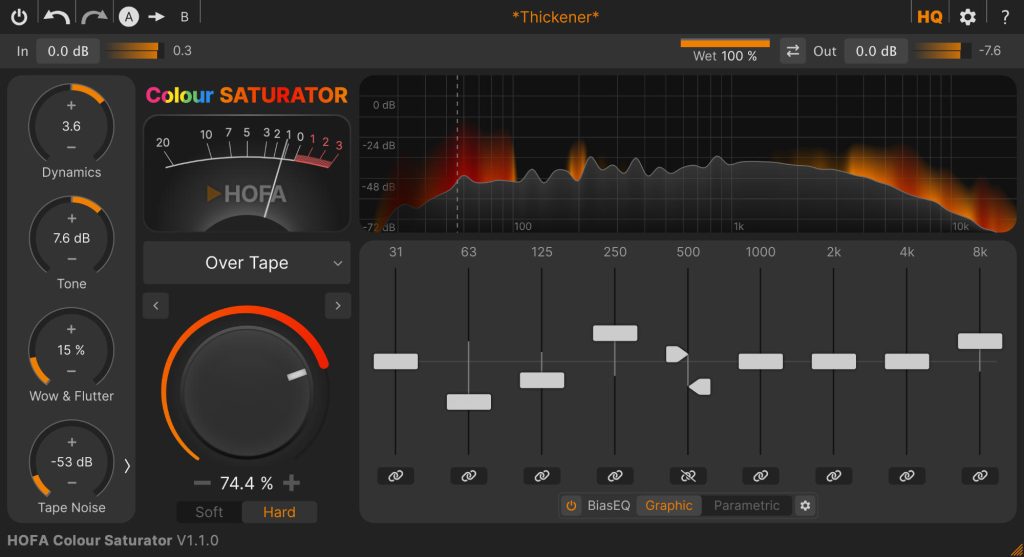 Audio-Plugin Colour Saturator mit Equalizer-Anzeige